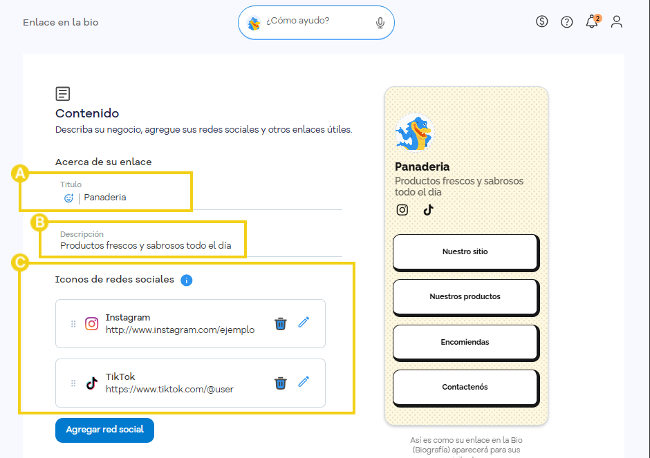 Enlace en la Bio — sección Contenido con los campos Título, Descripción e íconos de redes sociales