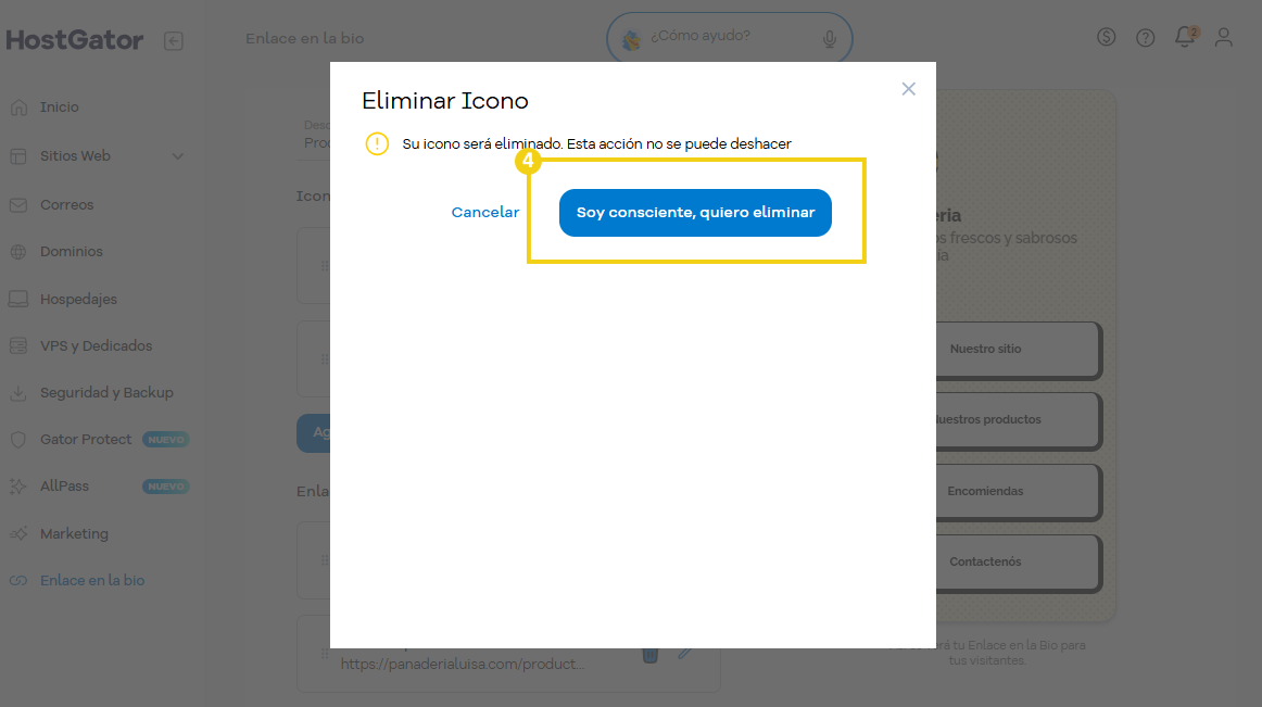 Enlace en la Bio — ventana de confirmación con el botón para eliminar el enlace en destaque