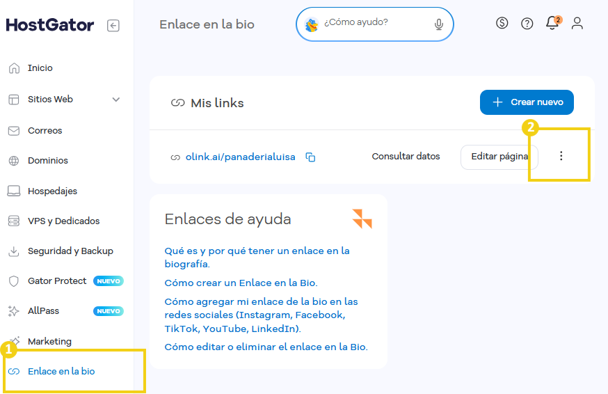 Portal del Cliente — pantalla Mis enlaces con el menú lateral y el ícono de 3 puntos en destaque