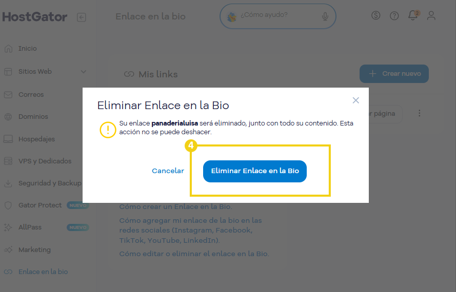 Portal del Cliente — ventana de confirmación con el botón Eliminar Enlace en la Bio en destaque