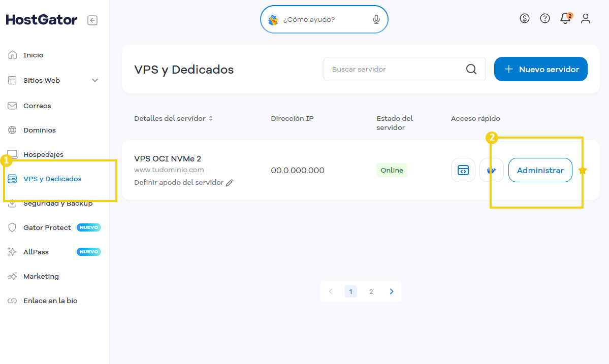 Portal del Cliente — sección VPS y Dedicados con la opción Administrar del plan VPS destacada