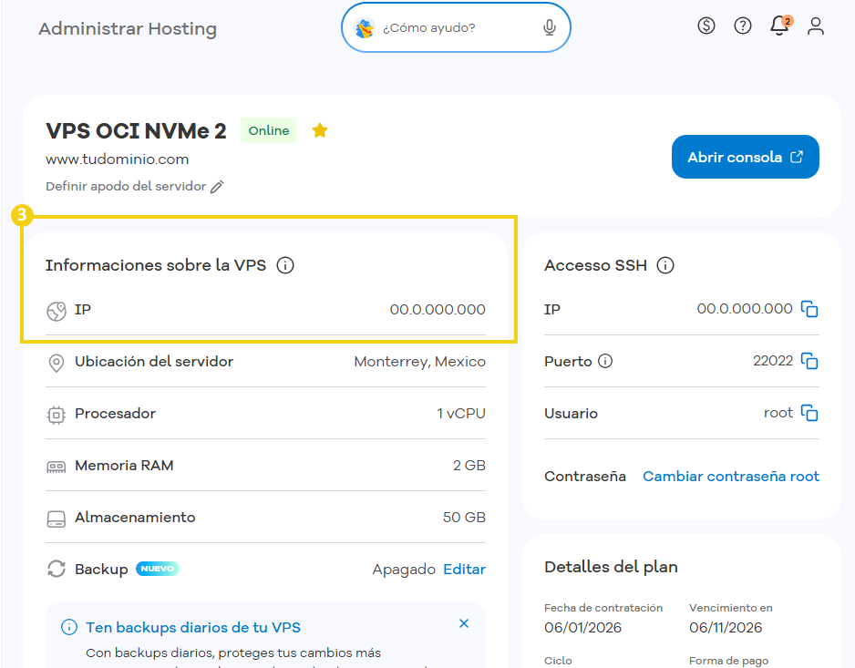 Portal del Cliente — pantalla Información del VPS con el campo IP asignada destacado