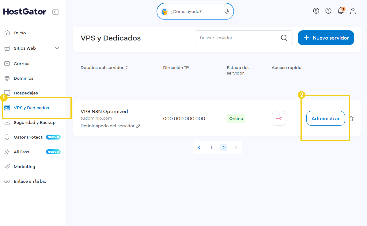 Portal del Cliente — lista de hosting y servidores con la opción Administrar destacada