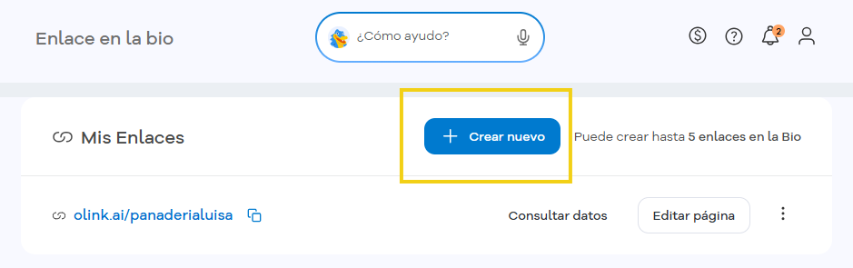 Imagen de la pantalla del Portal del Cliente mostrando el flujo de acceso a la creación del Enlace en la Bio, para quien ya tiene enlaces creados gratuitamente