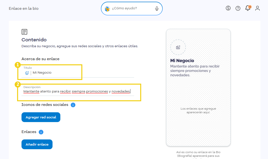 Imagen de la pantalla del Portal del Cliente, en la etapa de configuración del contenido del Enlace en la Bio