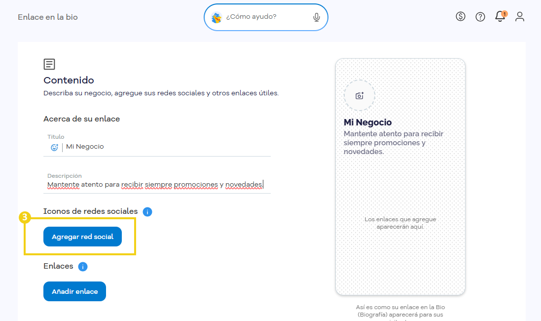 Imagen de la pantalla del Portal del Cliente, en la etapa de configuración del contenido del Enlace en la Bio, con marcación en el botón para agregar red social