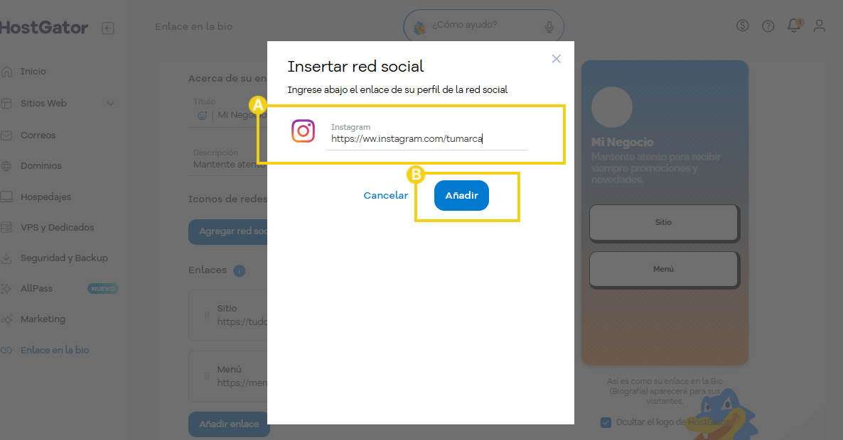 Imagen “Insertar red social” con el campo **“Instagram”** completado con la URL del perfil y el botón “Añadir” resaltado.