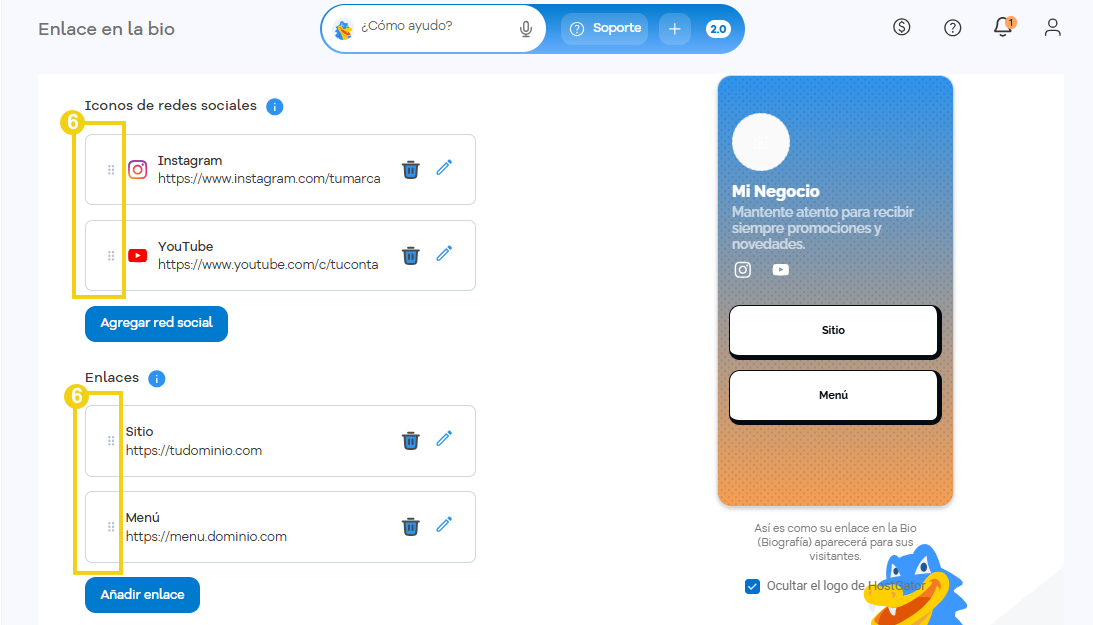 Imagen de la pantalla del Portal del Cliente, en el listado de las redes sociales agregadas, para cambiar la posición