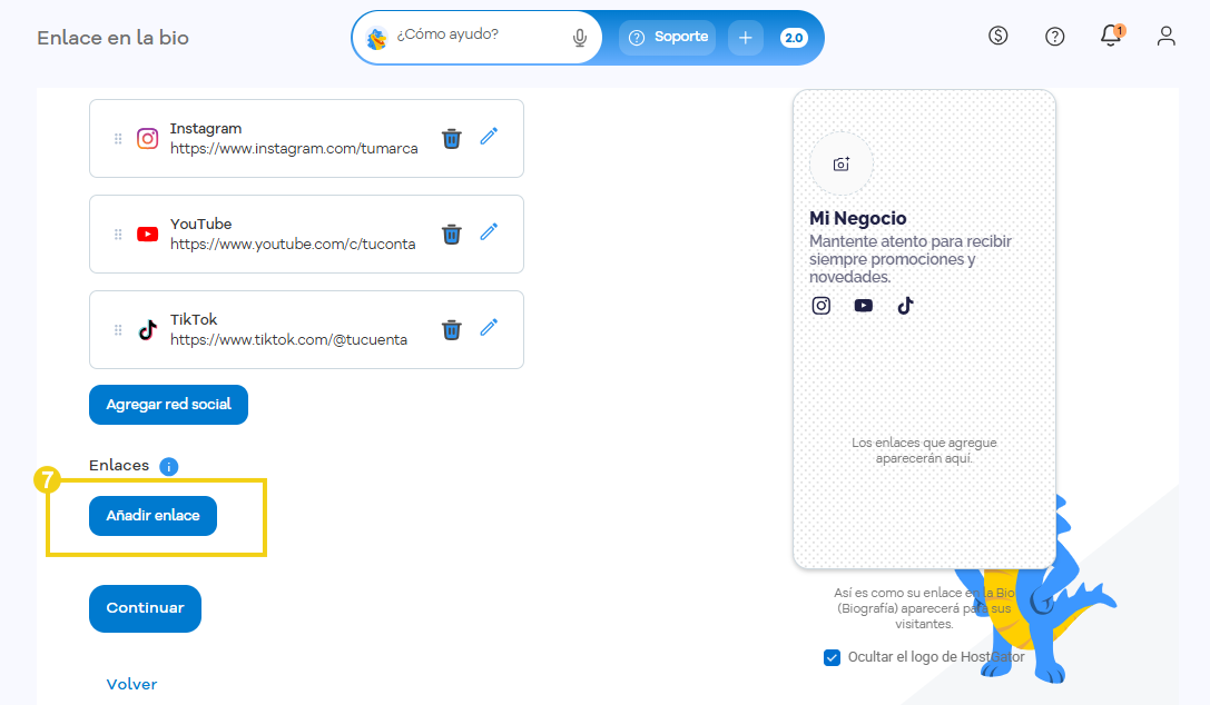 Imagen de la pantalla del Portal del Cliente, en la etapa de configuración del contenido del Enlace en la Bio, con marcación en el botón para agregar los enlaces externos