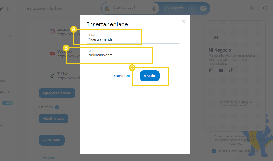 Imagen de la pantalla del Portal del Cliente, en la ventana que se abre para configurar los enlaces externos