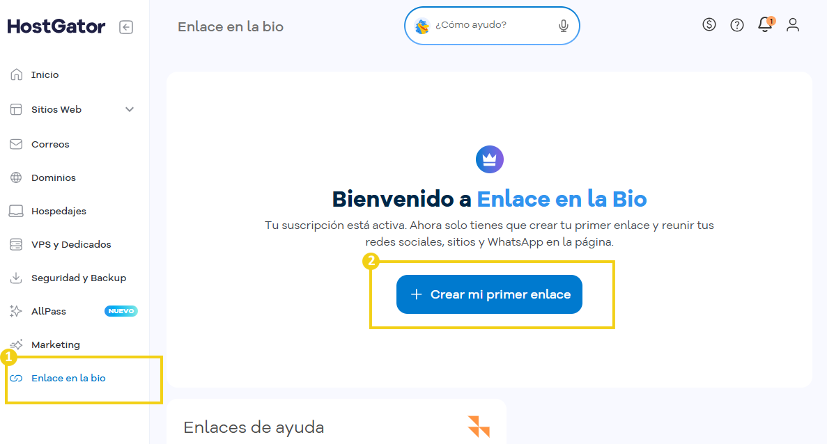 Imagen de la pantalla del Portal del Cliente mostrando el flujo de acceso a la creación del Enlace en la Bio