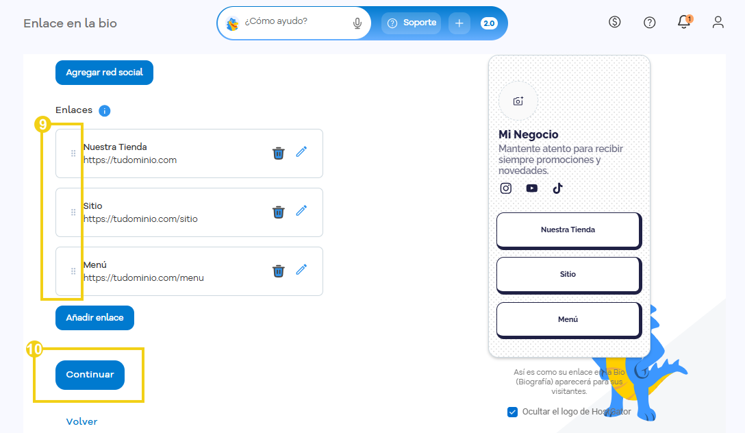 Imagen de la pantalla del Portal del Cliente, en el listado de los enlaces agregados, para cambiar la posición y marcación en el botón "Continuar"