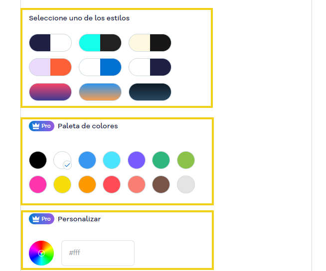 Imagen muestra la sección para definir los colores del Enlace en la Bio