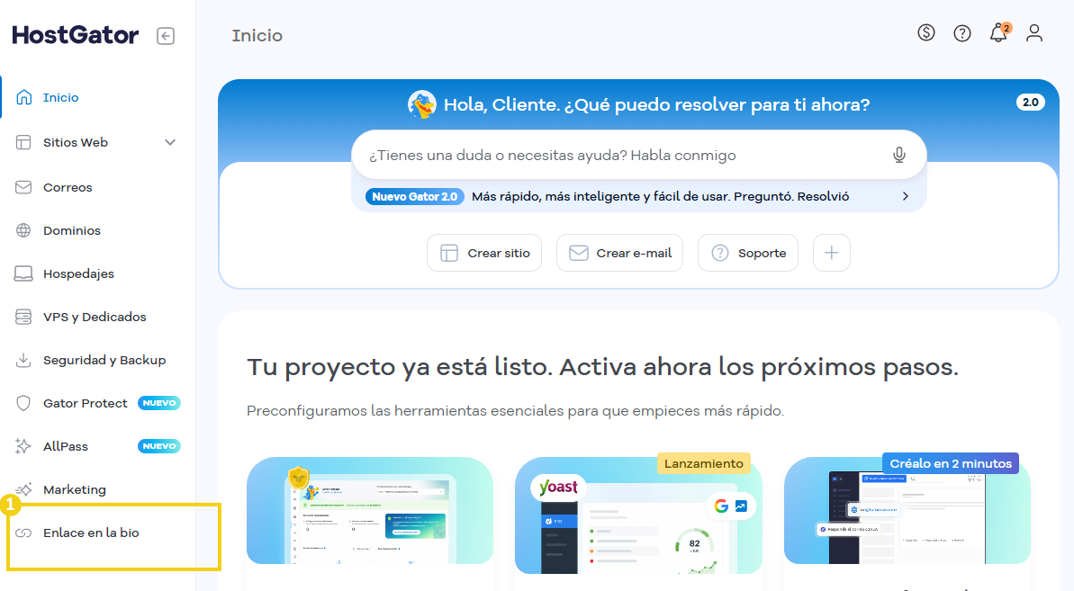 Portal del Cliente — menú lateral con la opción Enlace en la bio destacada