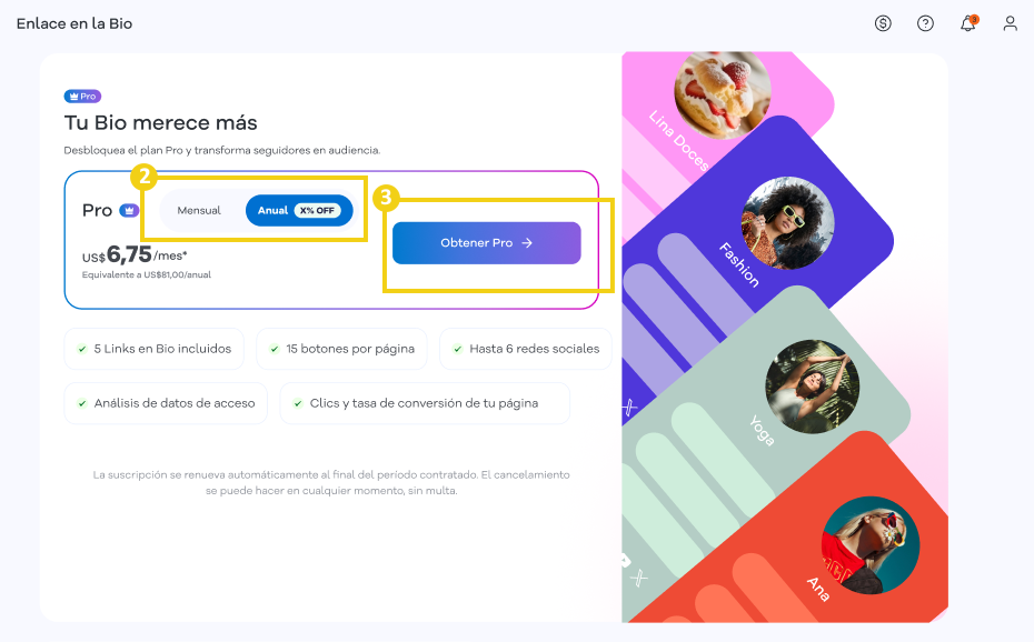Portal del Cliente — opciones de contratación del Enlace en la Bio Pro destacadas