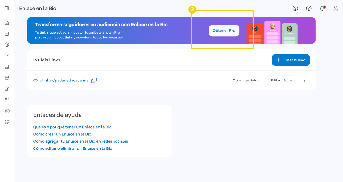 Enlace en la Bio — banner con la opción "Suscribirse al Pro" destacada