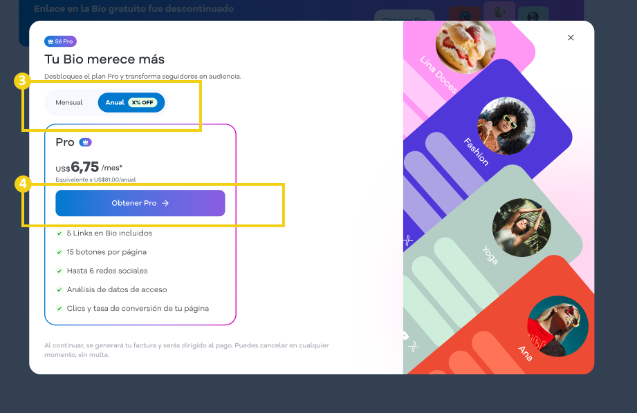 Portal del Cliente — pantalla "Tu bio merece más" con ciclos de pago y botón para suscribirse destacados