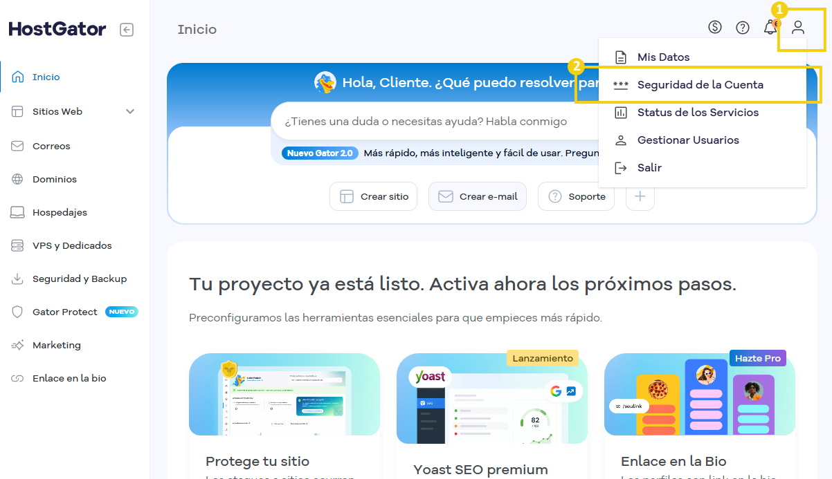 Portal del Cliente HostGator con la sección "Perfil" abierta, con opciones de gestión y "Seguridad de la Cuenta" en destaque