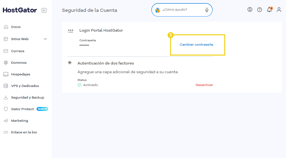 Pantalla de gestión de contraseñas en el Portal del Cliente con la opción "Cambiar Contraseña" en destaque