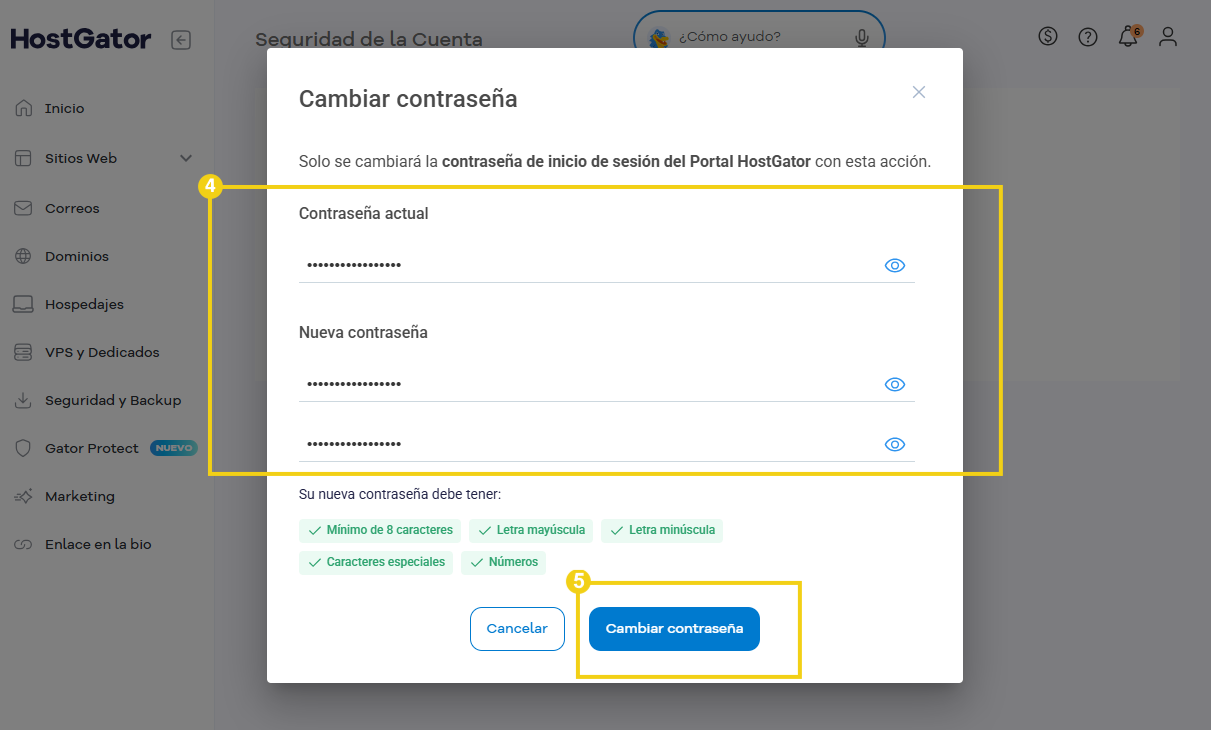 Pantalla de cambio de contraseña con los campos "Contraseña actual" y "Nueva contraseña" completados. Botón azul "Cambiar contraseña" en destaque para finalizar la operación.