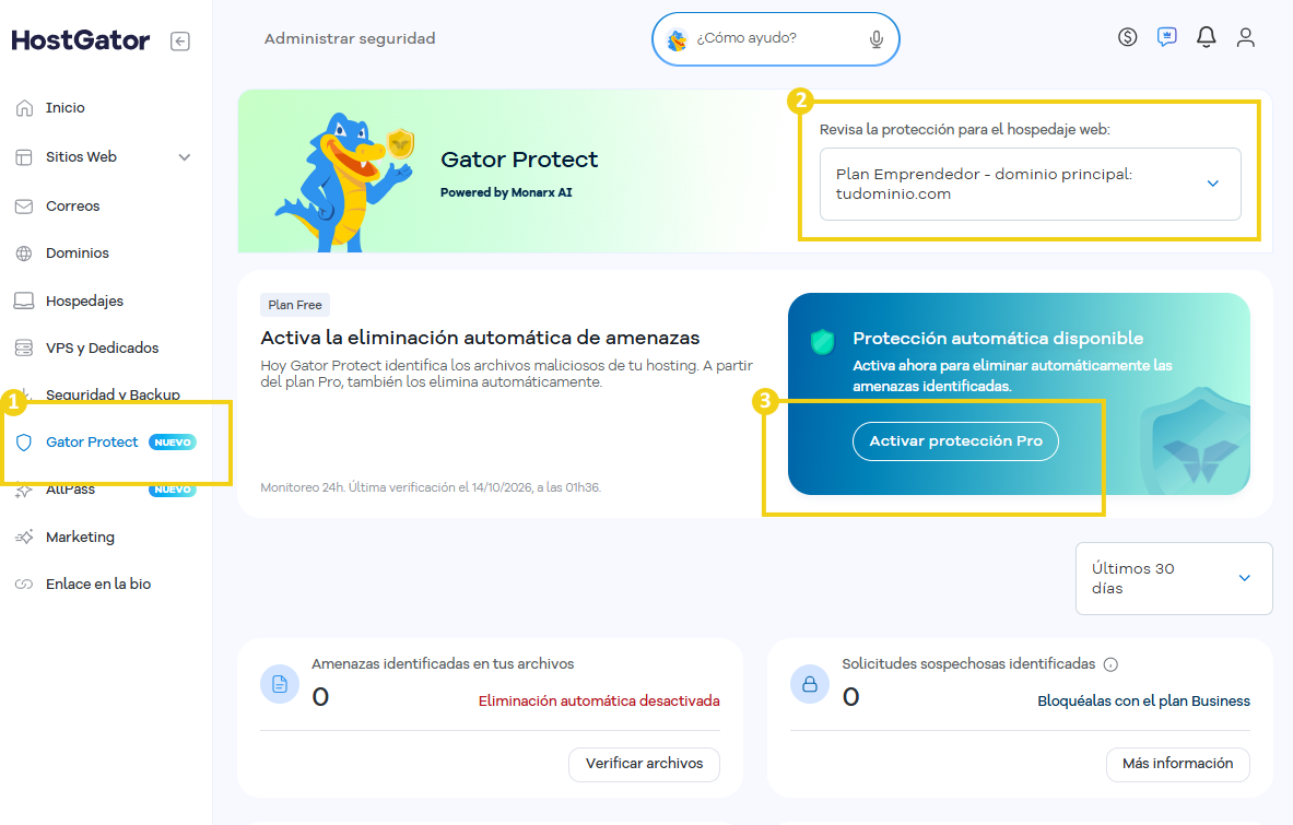 Pantalla de Gator Protect que destaca el acceso a la opción en el menú lateral, la selección del hosting protegido y el botón Activar protección Pro, que permite activar la eliminación automática de amenazas identificadas.