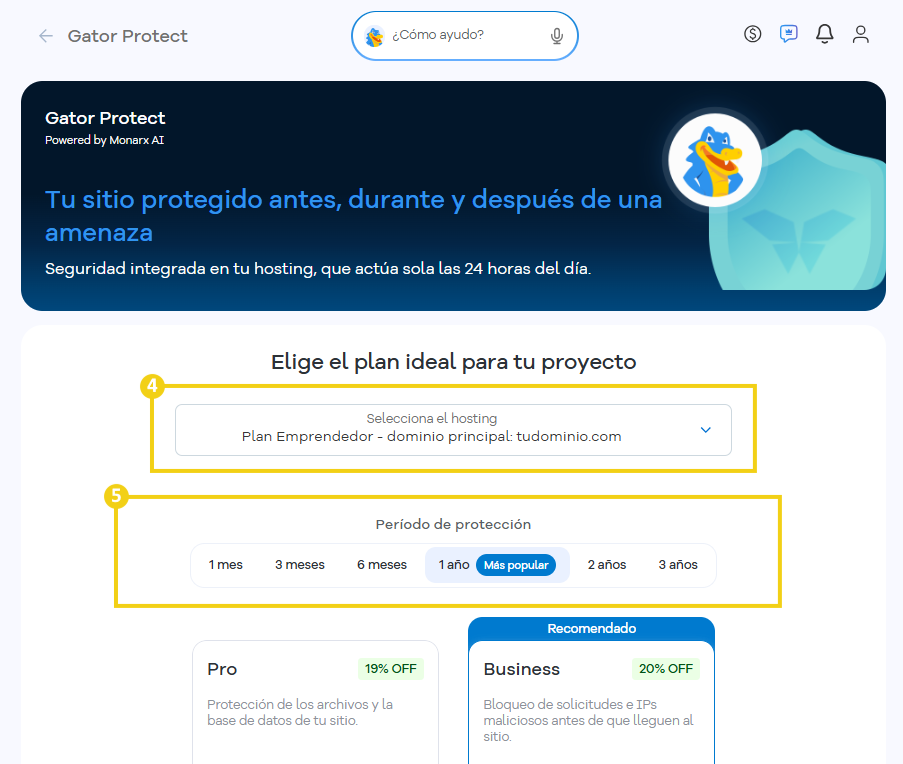 Pantalla de contratación de Gator Protect que destaca el campo para seleccionar el hosting, el período de protección con opciones de 1 mes a 3 años y los planes de protección disponibles, como Pro y Business.