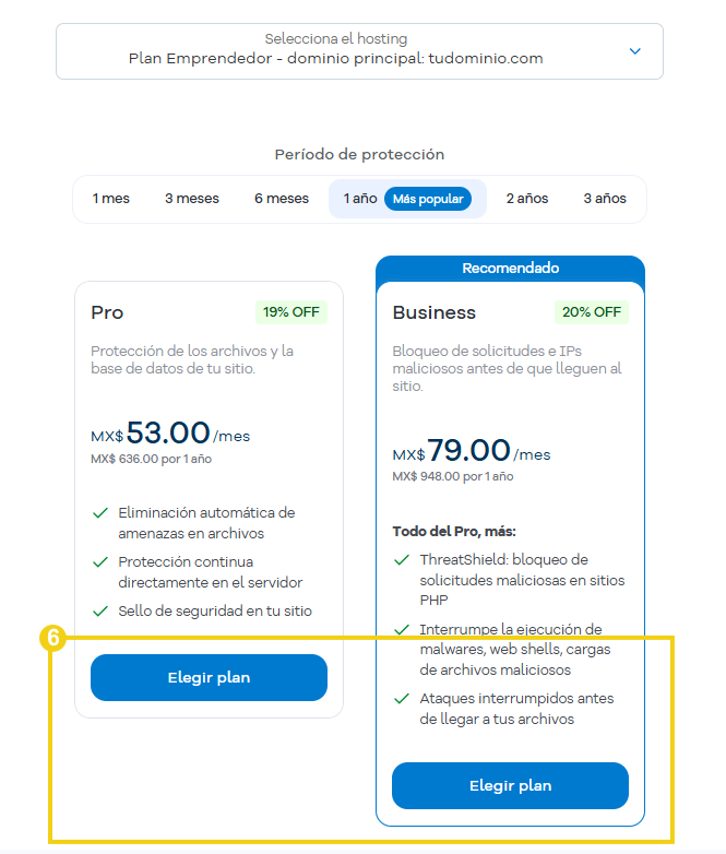 Pantalla de selección de planes de Gator Protect que destaca los botones Elegir plan de las opciones Pro y Business, que permiten contratar el plan de protección deseado.