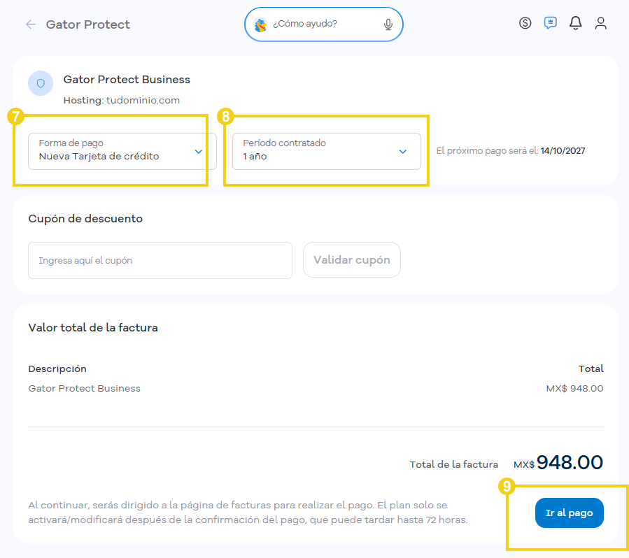 Pantalla de contratación de Gator Protect Business que destaca la forma de pago con nueva tarjeta de crédito, el período contratado de 1 año y el botón Ir al pago para concluir la contratación.