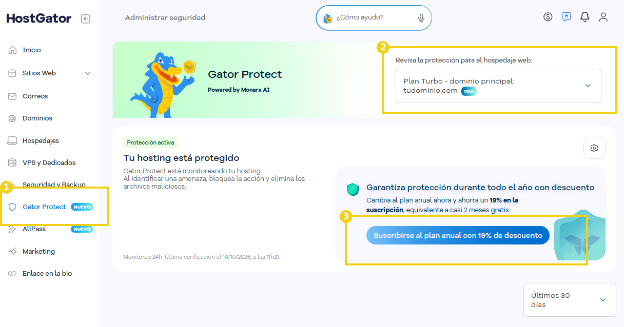 Pantalla del Gator Protect con tres áreas destacadas: en el menú lateral, la opción Gator Protect; en la parte superior, el campo para seleccionar el hosting protegido, que muestra el Plan Turbo y el dominio principal; y, en el panel principal, el botón “Suscribirse al plan anual”
