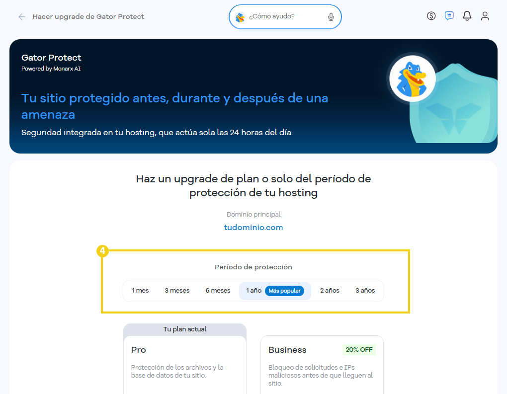 Área de selección del período de protección del Gator Protect, con opciones de 1 mes, 3 meses, 6 meses, 1 año, 2 años y 3 años. La opción de 1 año está seleccionada e identificada como “Más popular”.