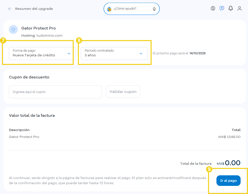 Pantalla de resumen del upgrade de ciclo de pago del Gator Protect, con destaque en la selección de la forma de pago “Nueva tarjeta de crédito”, el período contratado y el botón “Ir al pago”.