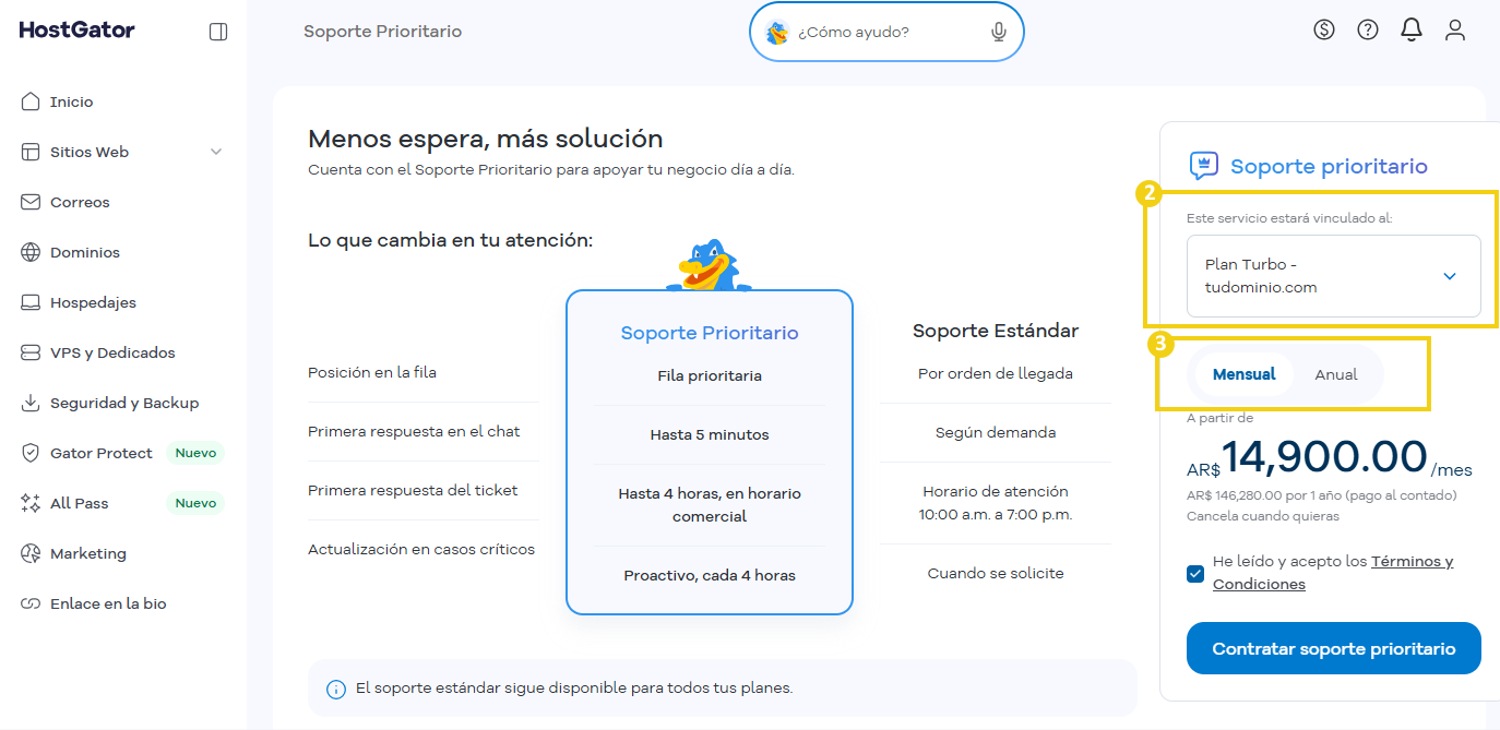 Imagen del portal del cliente que muestra el campo para seleccionar el plan de hosting, seguido del ciclo de pago.