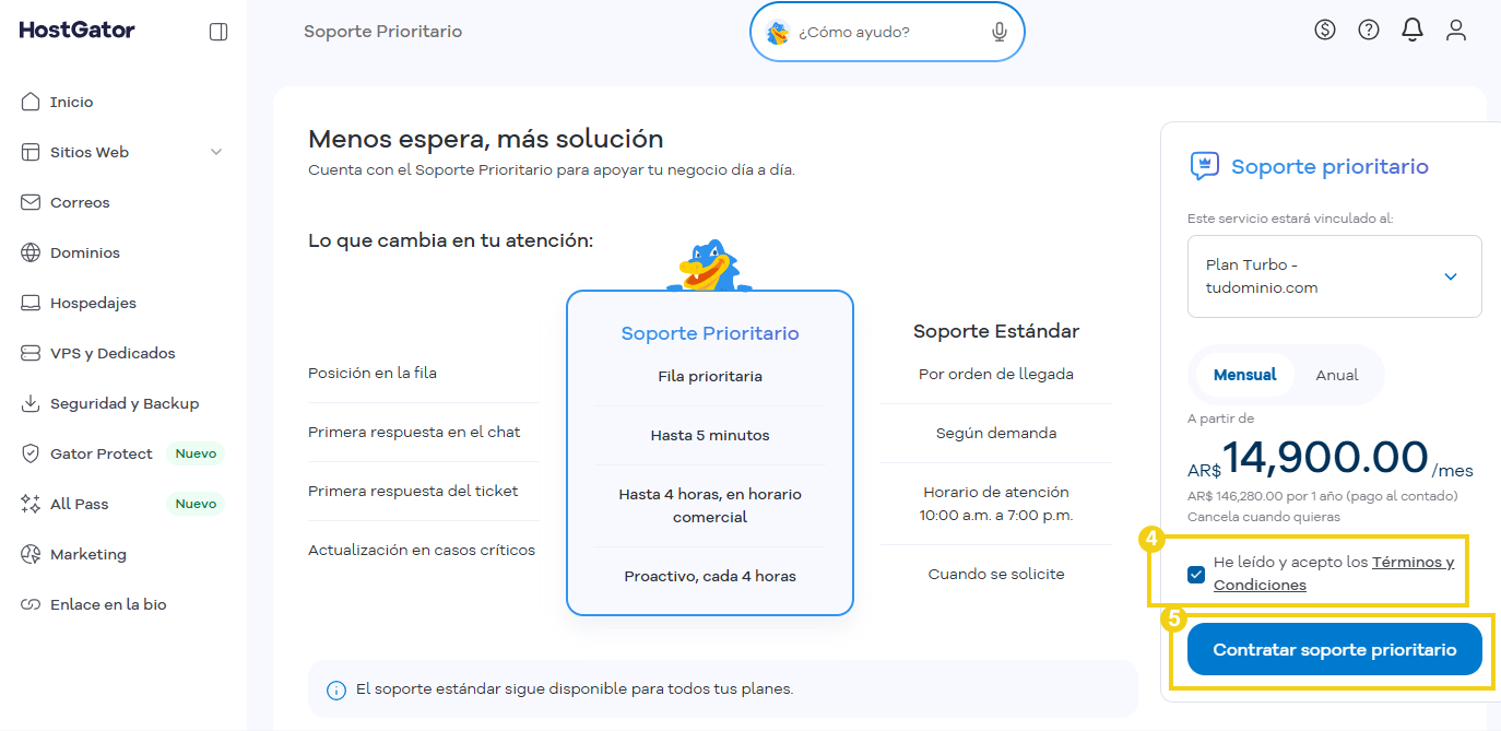 Portal del Cliente — contratación del Soporte Prioritario con la casilla de Términos y Condiciones destacada