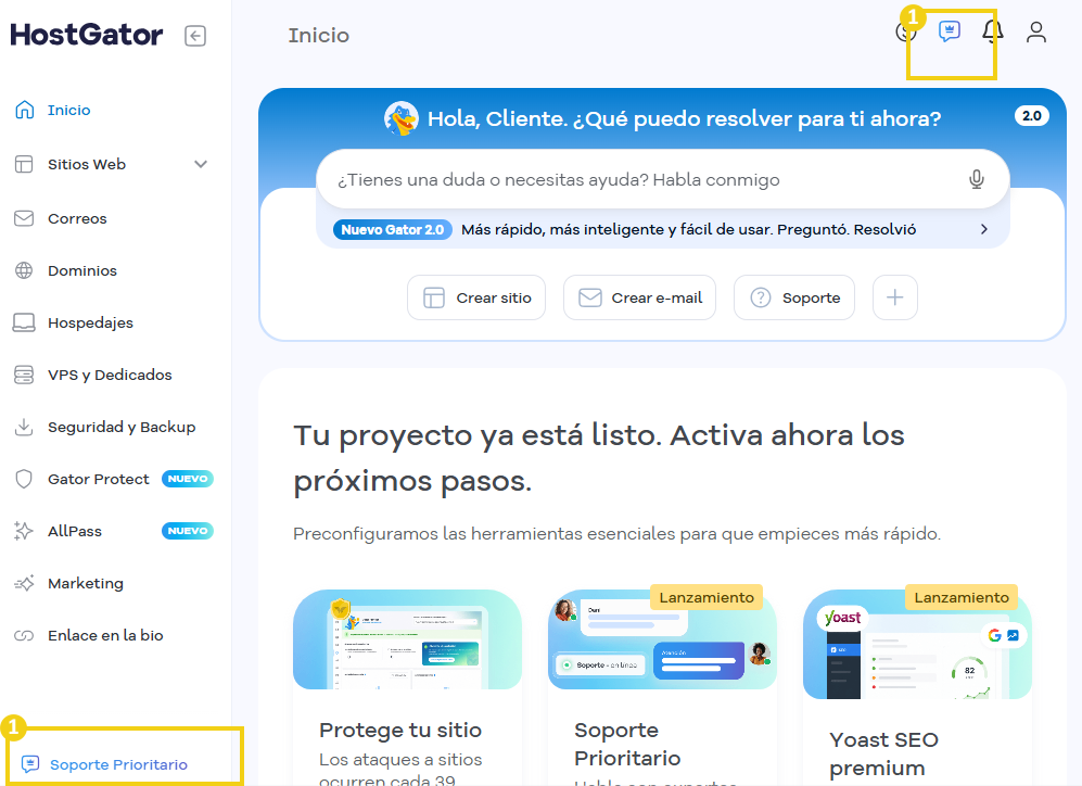 Portal del Cliente — menú superior y lateral con el ícono de soporte destacado