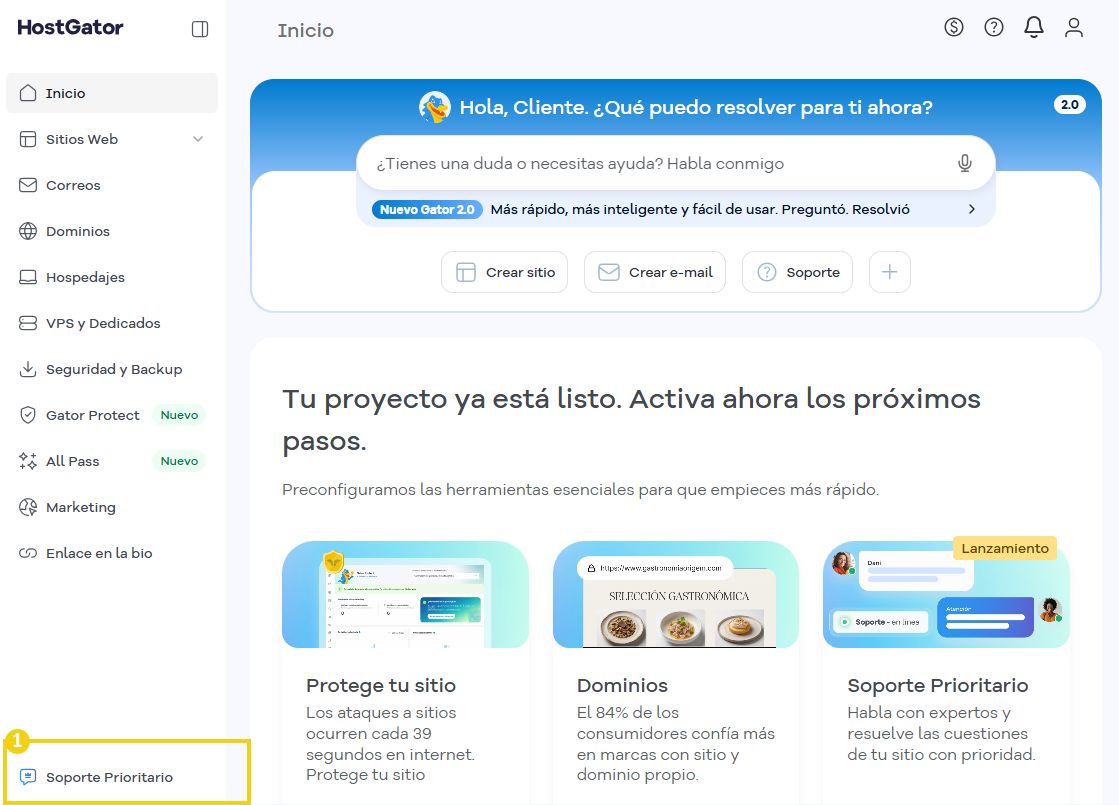 Portal del Cliente — menú lateral con la opción Soporte Prioritario destacada