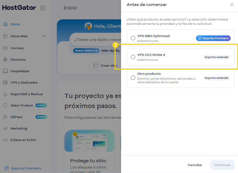 Portal del Cliente — ventana Antes de comenzar con la selección del plan destacada