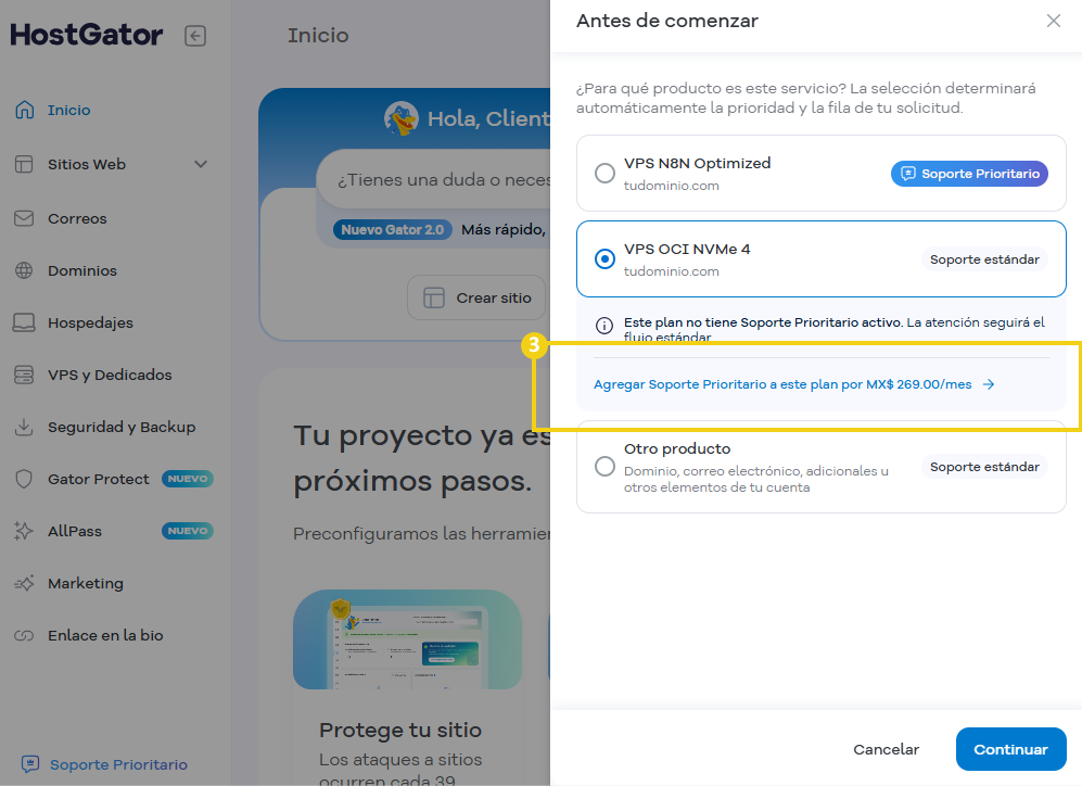 Portal del Cliente — selección del plan con el botón Agregar Soporte Prioritario destacado