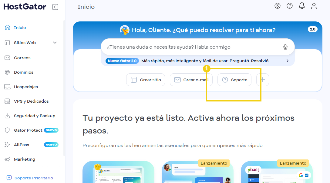 sección de Gator con la opción Soporte resaltada
