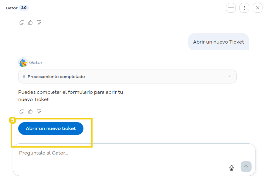 Gator — mensaje con el botón Abrir nuevo ticket resaltado
