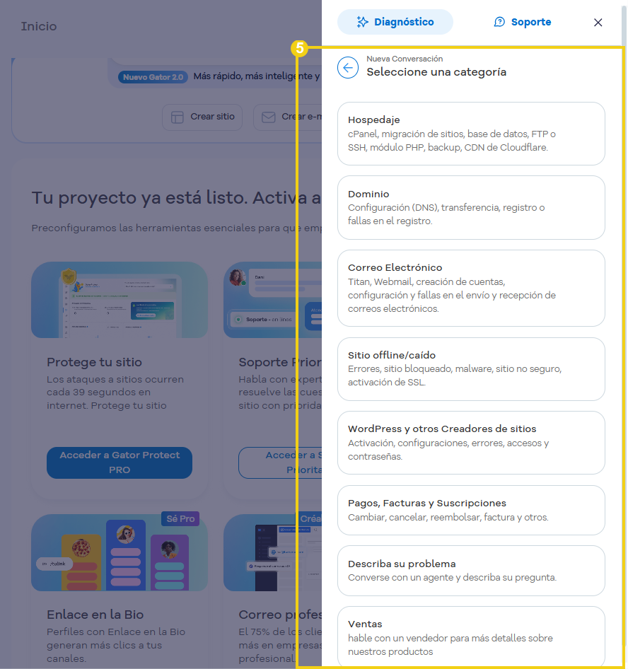 Gator — pantalla de selección de la categoría de atención