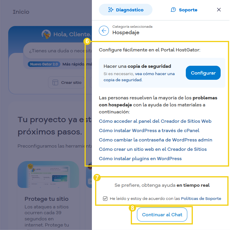 Gator — pantalla con atajos de configuración, materiales sugeridos y opción para ir a la atención