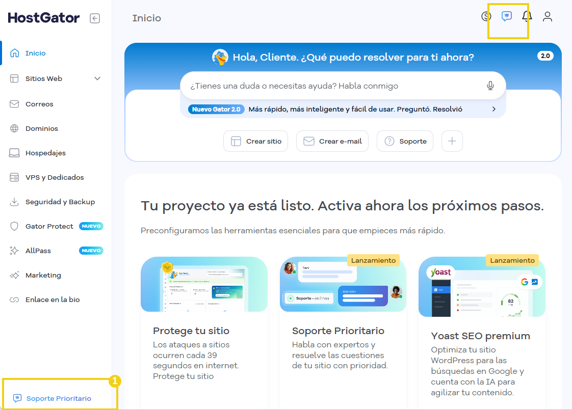 Portal del Cliente — menú lateral y superior con las opciones para acceder al Soporte Prioritario