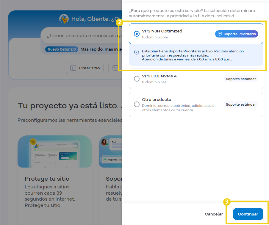 Portal del Cliente — pantalla Antes de comenzar con la selección del plan con Soporte Prioritario activo