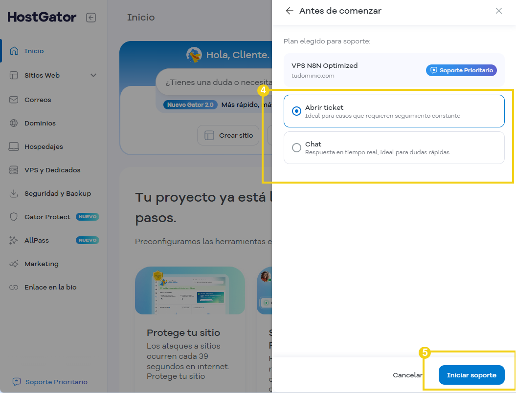 Portal del Cliente — opciones de atención del Soporte Prioritario por chat o ticket