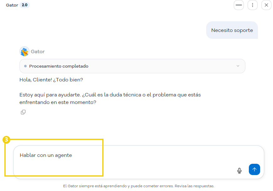 Gator — conversación con el mensaje Hablar con un agente enviado
