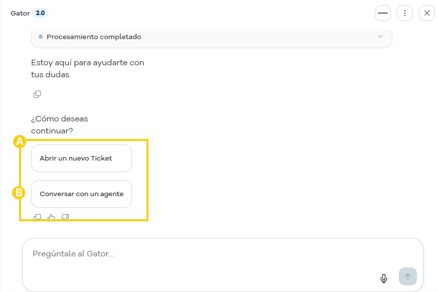 Gator — opciones de atención por chat o ticket después de solicitar hablar con un agente