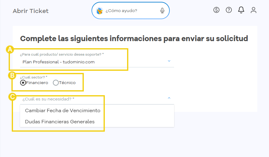 Portal del Cliente — formulario Abrir Nuevo Ticket con los campos de producto, área y necesidad