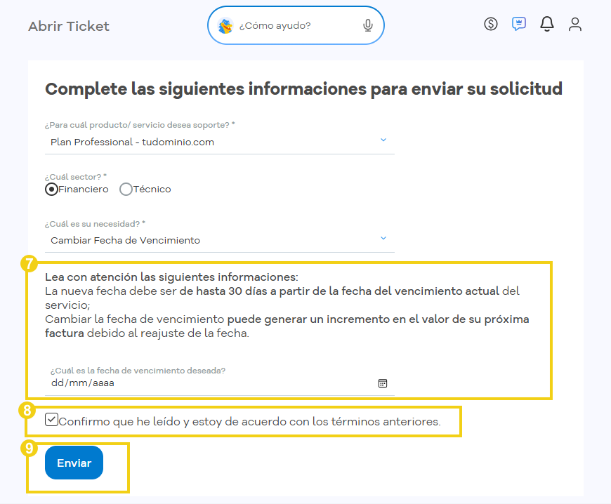 Portal del Cliente — casilla de términos y botón Enviar solicitud resaltados para enviar el ticket