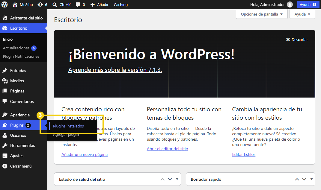 WordPress — menú Plugins abierto con la opción Plugins instalados visible