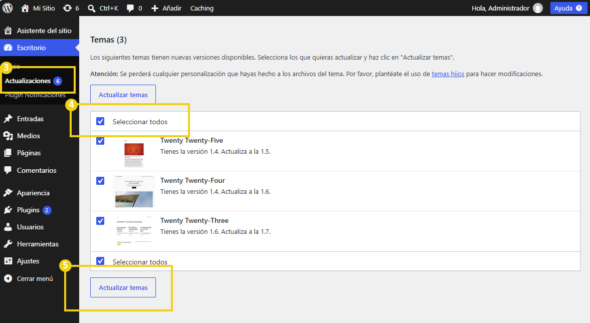 WordPress — sección Actualizaciones con temas por actualizar, la opción Seleccionar todo y el botón Actualizar temas